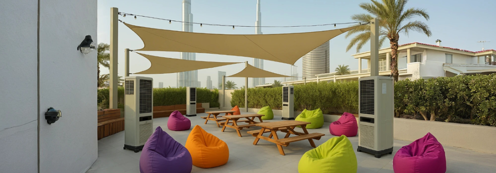 few picnic table and bench surrounded by green, orange, magenta, and purple colored bean bags