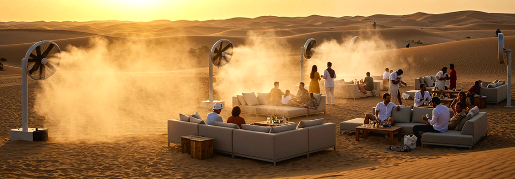 people are casually sitting on sofas in a desert with few mist fans producing mists